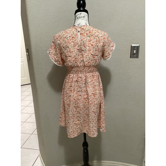 SHEIN VCAY Ditsy Floral Print Guipure Lace Trim Petal Sleeve Shirred Dress Size - Picture 8 of 9